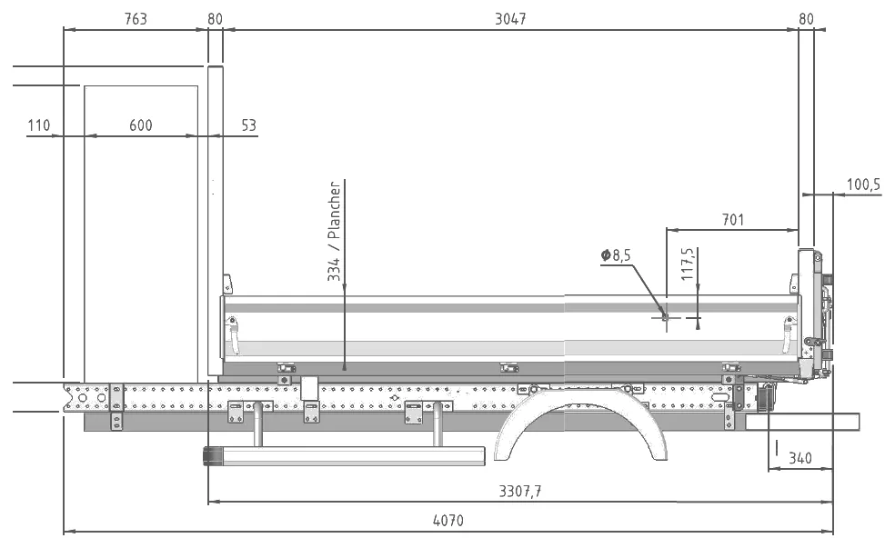 Plan coté de la benne CIL 3,5 t, vue de côté